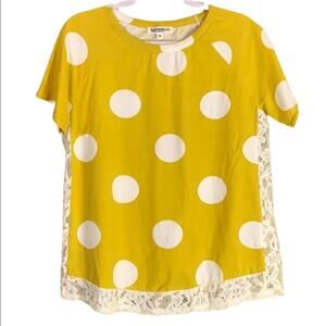Wonderland by Orange Yellow Short Sleeve Top Lace White Polka Dots Size Medium